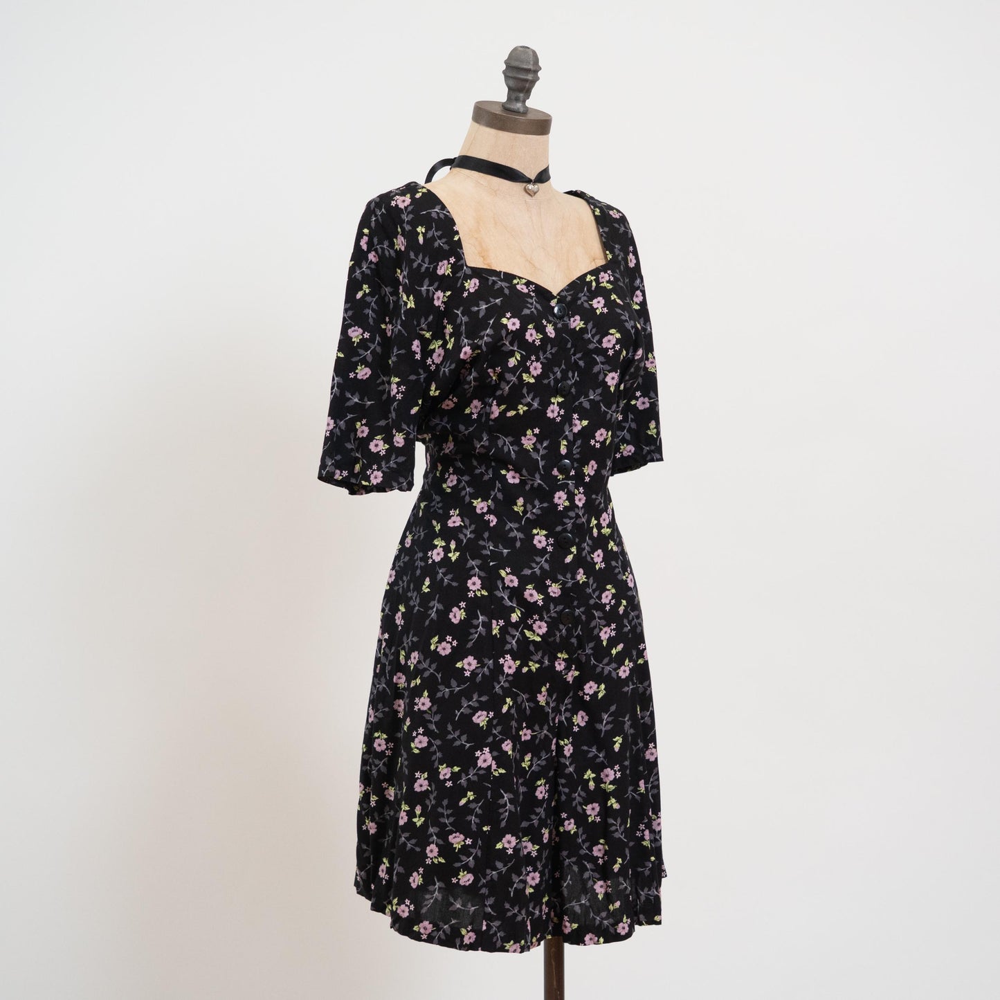 Vintage 90s Black Floral Cross Back Romper - Large | Retro Sweetheart Neck Mini Playsuit
