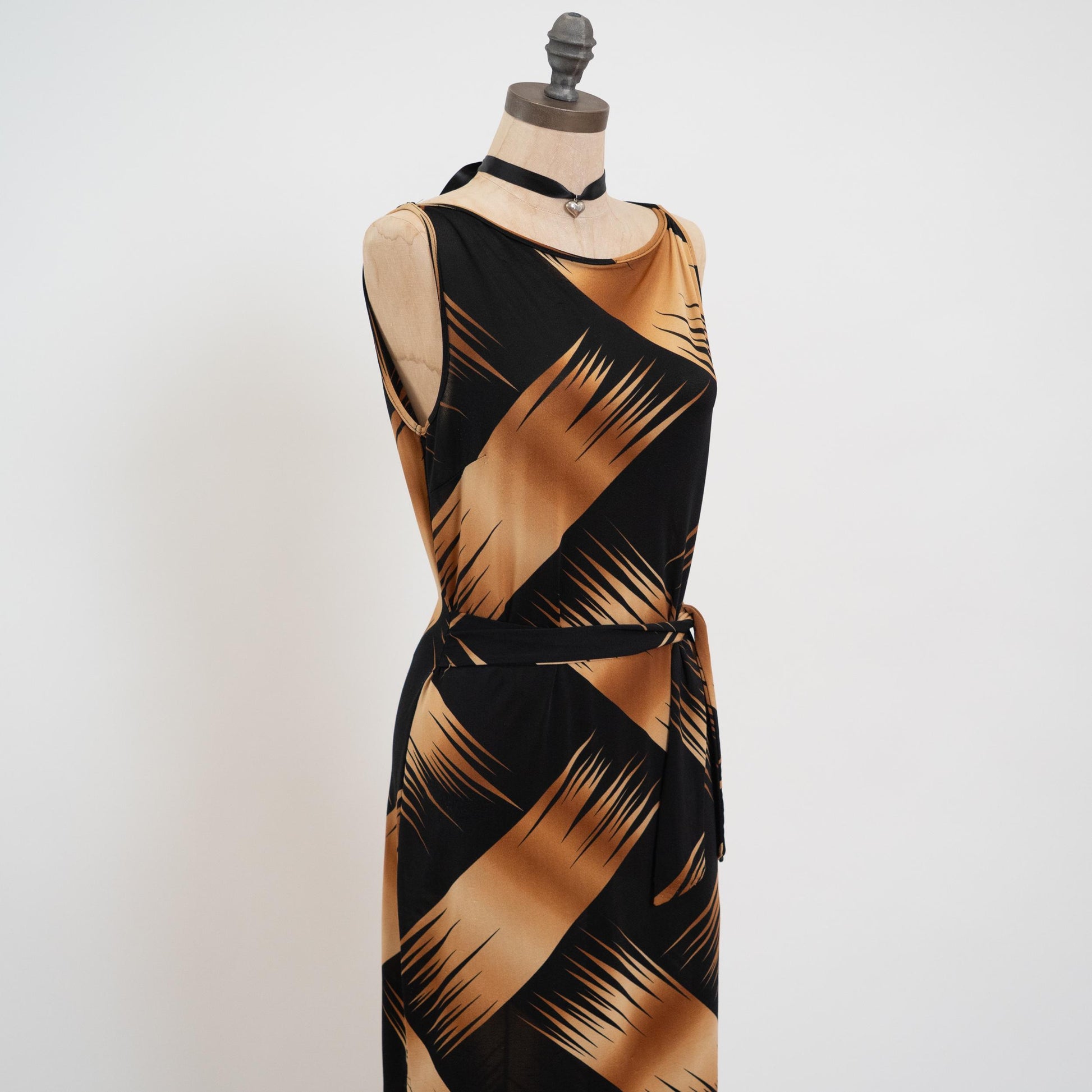 Vintage 90s Brush Stroke Print Tie Front Dress - Medium | Two Tone Sleeveless Mini Party Dress
