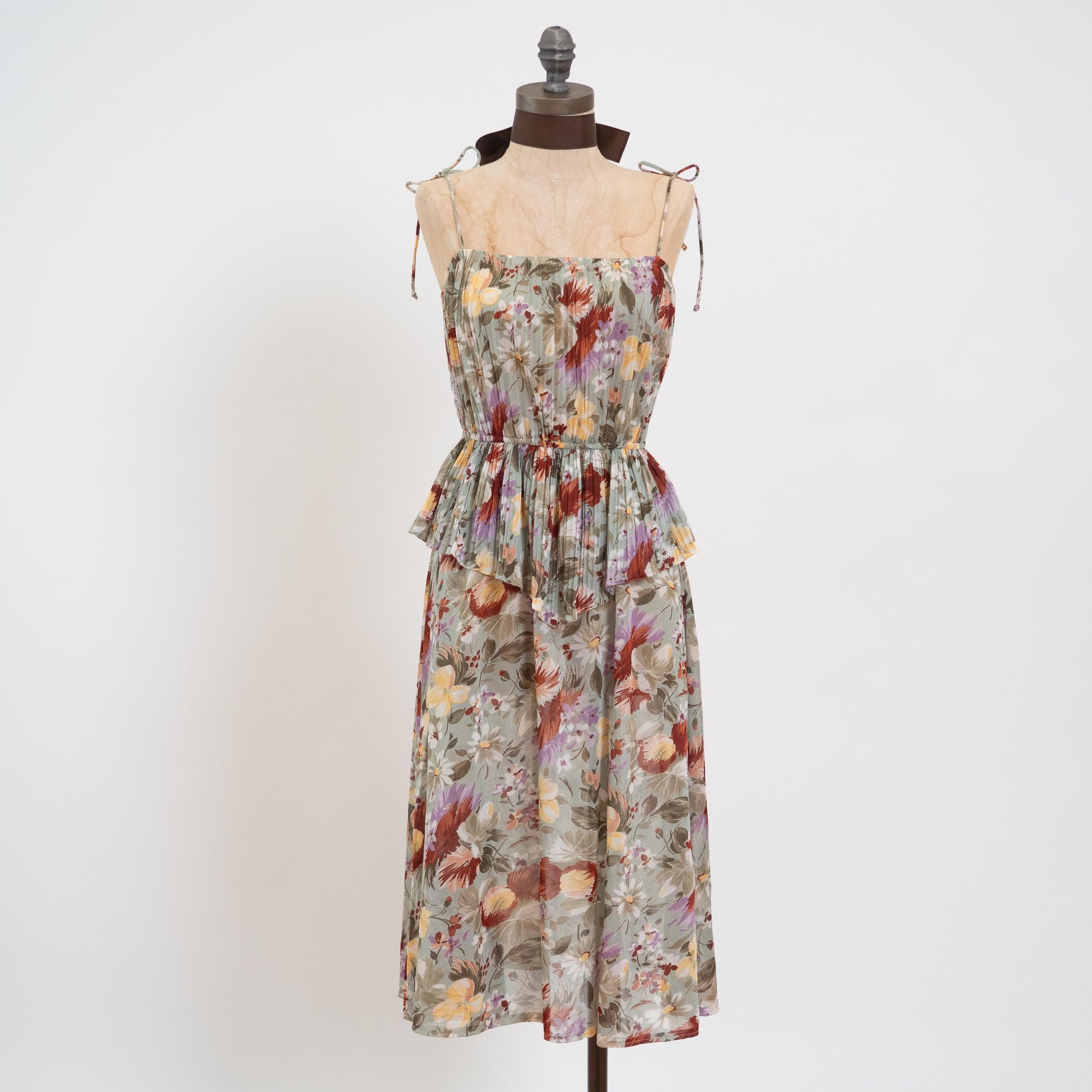 Vintage 70s Sage Green Floral Plisse Peplum Dress - Small | Sheer Spaghetti Sleeve Boho Pleated Midi Dress