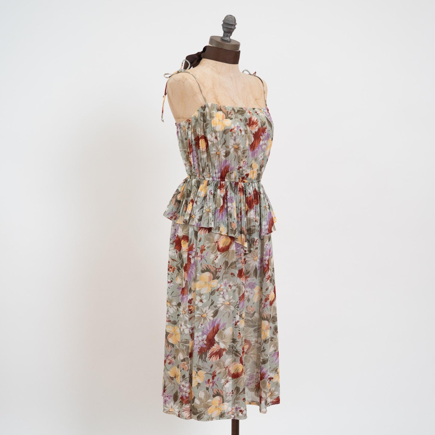 Vintage 70s Sage Green Floral Plisse Peplum Dress - Small | Sheer Spaghetti Sleeve Boho Pleated Midi Dress