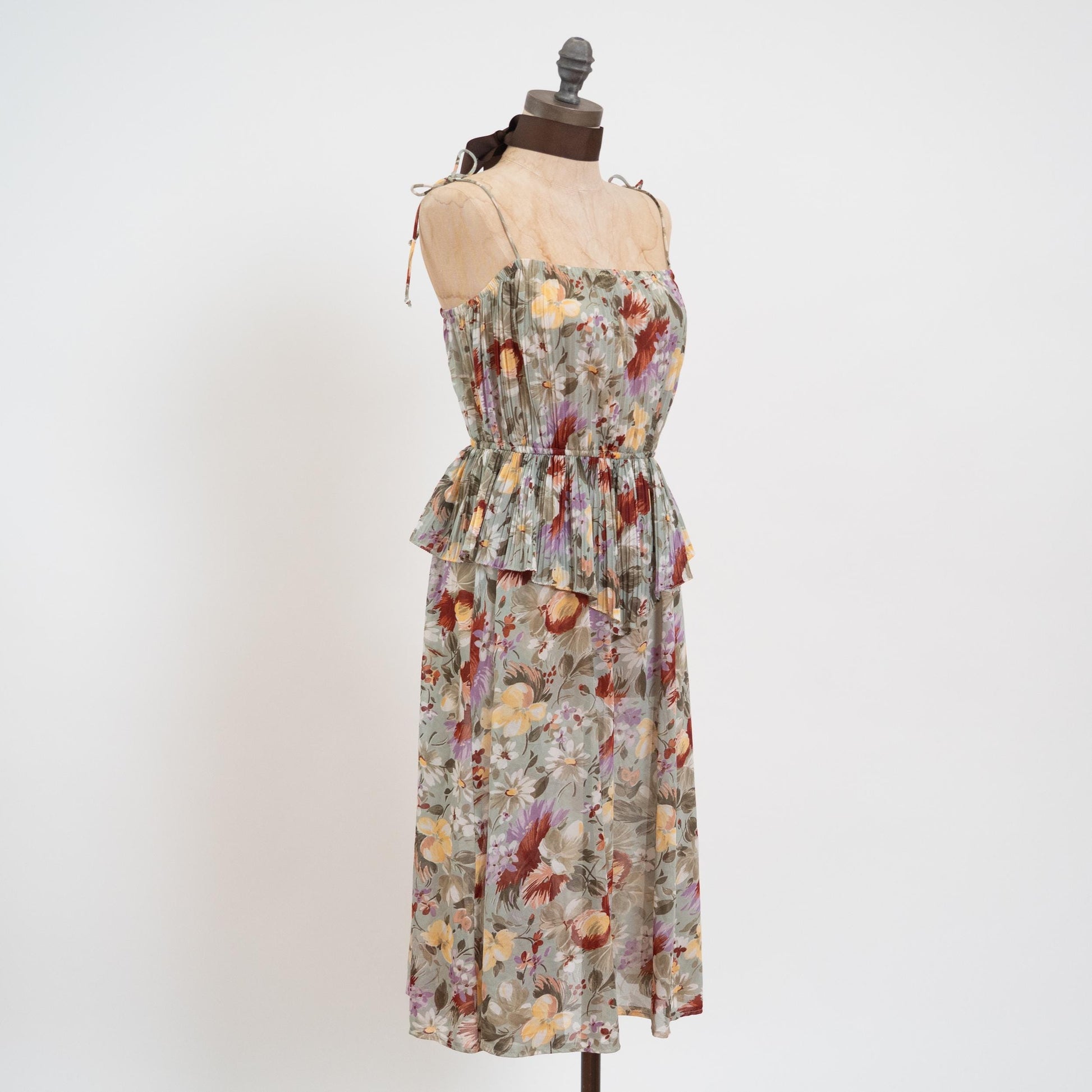 Vintage 70s Sage Green Floral Plisse Peplum Dress - Small | Sheer Spaghetti Sleeve Boho Pleated Midi Dress
