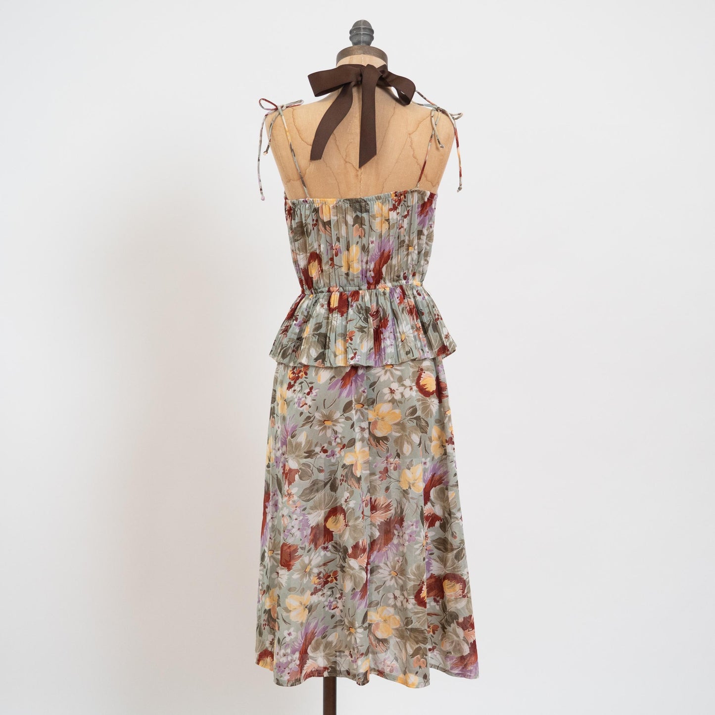 Vintage 70s Sage Green Floral Plisse Peplum Dress - Small | Sheer Spaghetti Sleeve Boho Pleated Midi Dress
