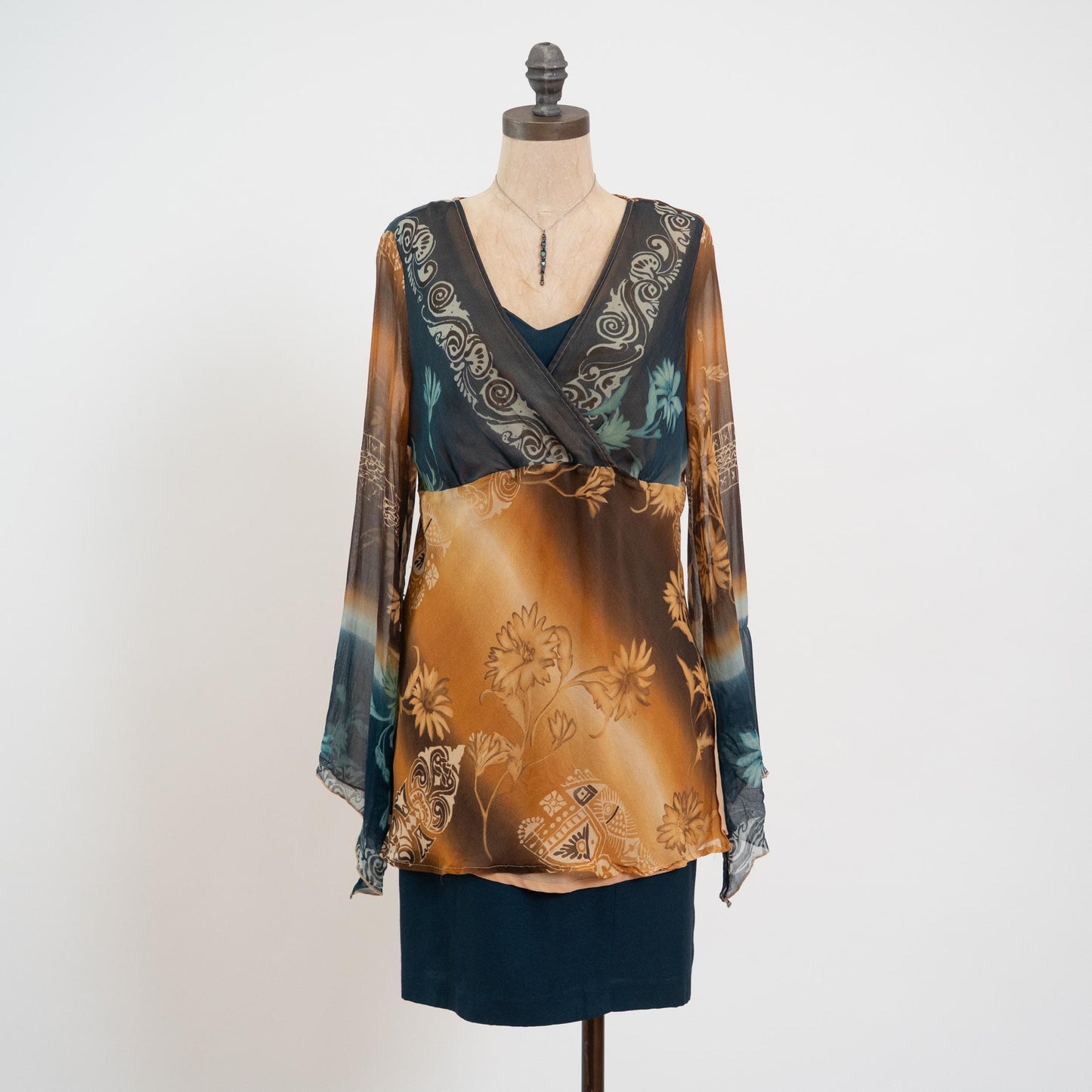 Vintage 90s Y2K Earth Tone Silk Floral Angel Sleeve Blouse - Large | Boho V Neck Long Sleeved Shirt