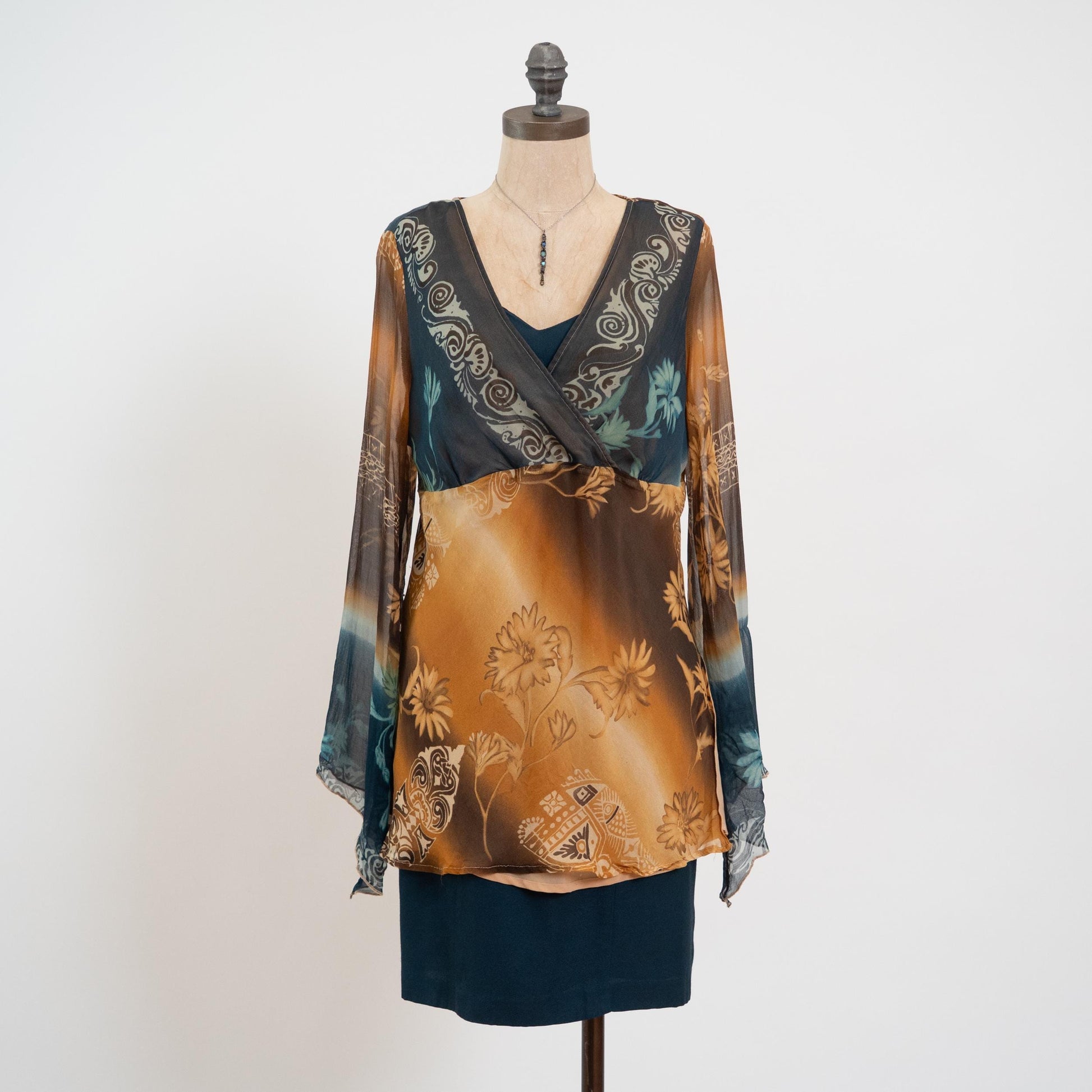 Vintage 90s Y2K Earth Tone Silk Floral Angel Sleeve Blouse - Large | Boho V Neck Long Sleeved Shirt