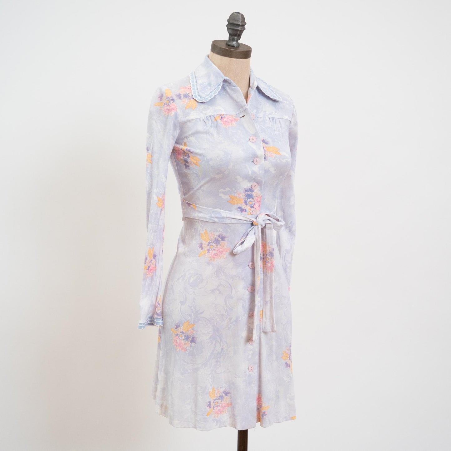 Vintage 70s Pastel Blue Floral Dog Ear Collar Shirtdress - XXS | Long Sleeve Fit & Flare Mini Dress