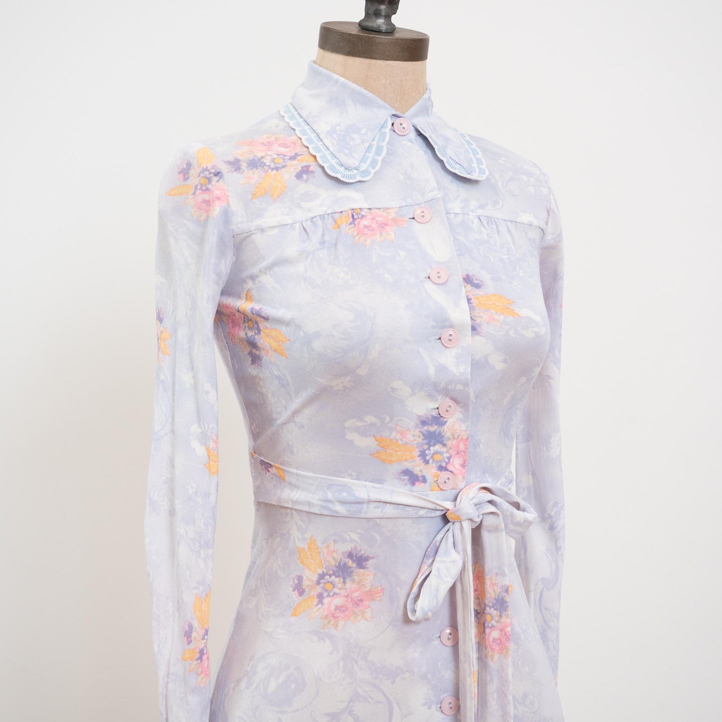 Vintage 70s Pastel Blue Floral Dog Ear Collar Shirtdress - XXS | Long Sleeve Fit & Flare Mini Dress