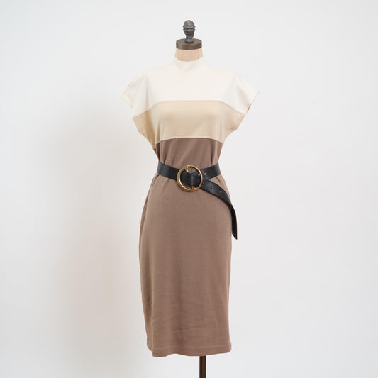 Vintage 80s 90s Color Block Space Age Sweater Dress - Large | Retro Cap Sleeve Fitted New Wave Midi Dress
