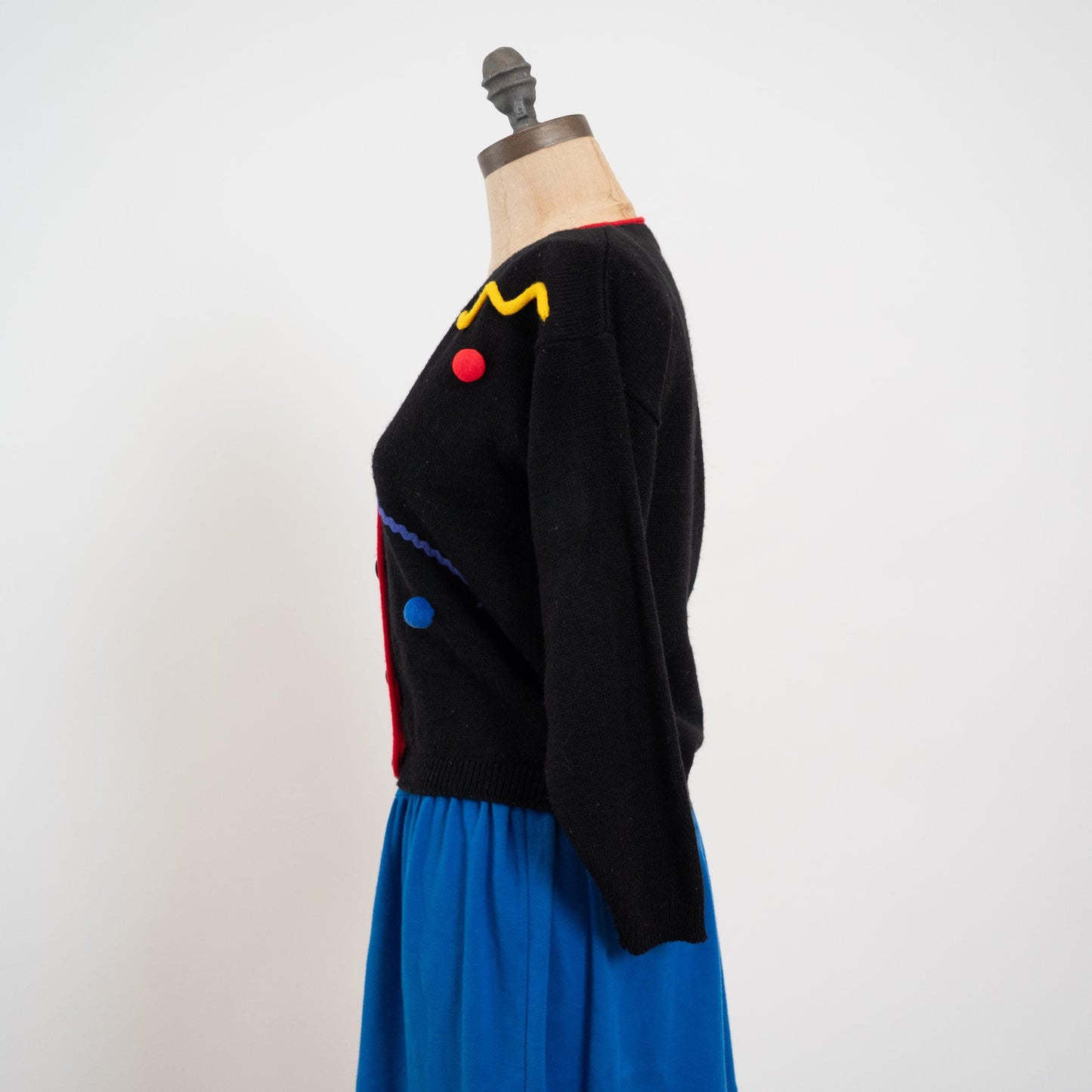 Vintage 80s Black Rainbow Bauble Cardigan Sweater - Extra Small | Cropped Knit Button Up Retro Sweater