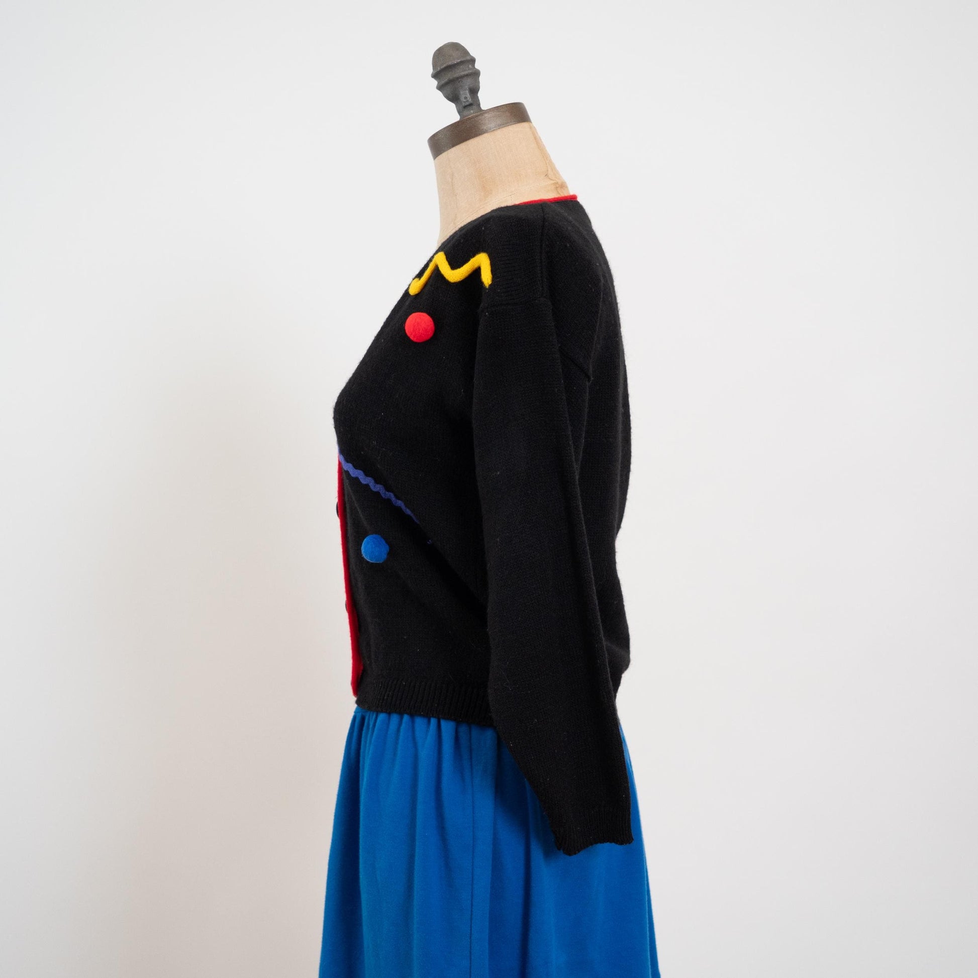 Vintage 80s Black Rainbow Bauble Cardigan Sweater - Extra Small | Cropped Knit Button Up Retro Sweater