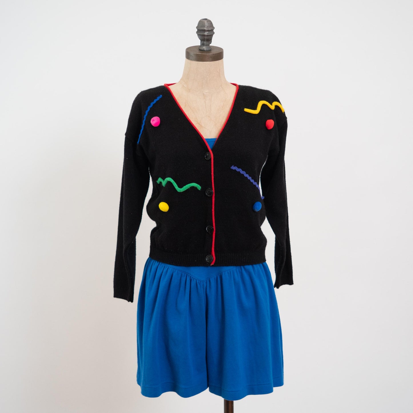 Vintage 80s Black Rainbow Bauble Cardigan Sweater - Extra Small | Cropped Knit Button Up Retro Sweater