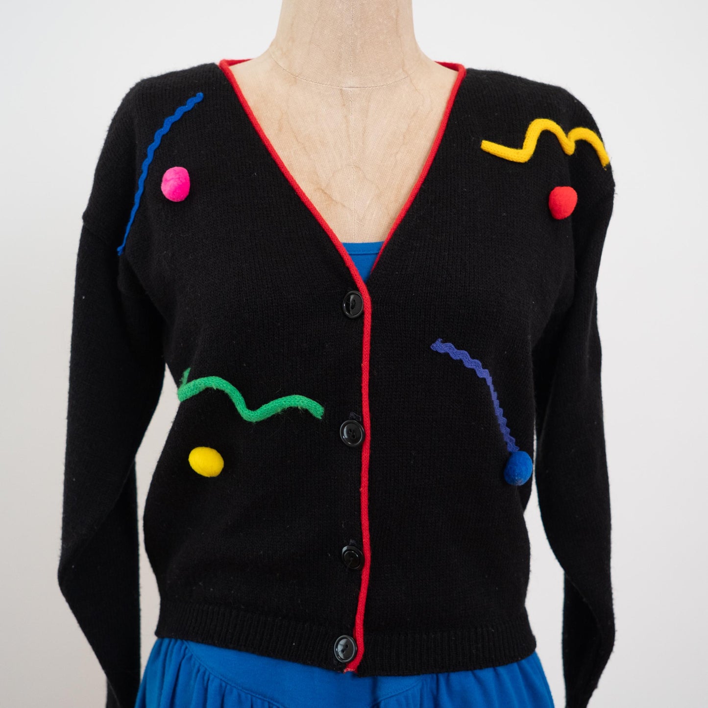 Vintage 80s Black Rainbow Bauble Cardigan Sweater - Extra Small | Cropped Knit Button Up Retro Sweater