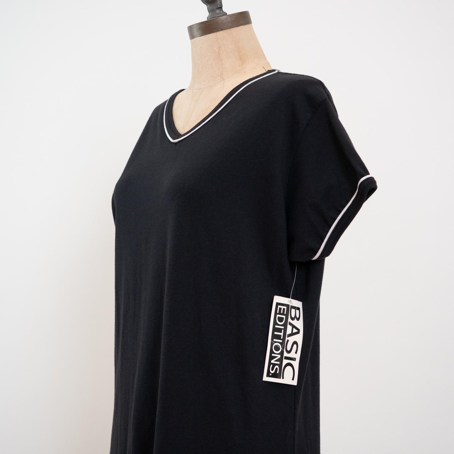 Vintage 90s Black Ringer T Shirt Dress NWT - Extra Large | Black & White Oversized V Neck Lounge Dress