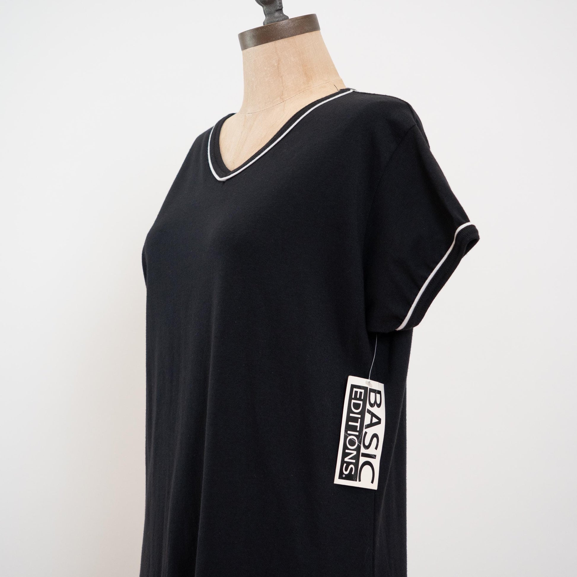 Vintage 90s Black Ringer T Shirt Dress NWT - Extra Large | Black & White Oversized V Neck Lounge Dress