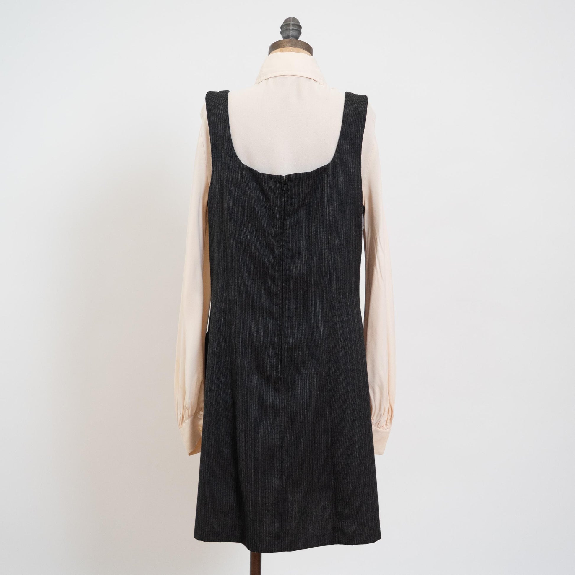 Vintage 90s Charcoal Grey Pinstriped Mini Pinafore Dress - Large to XL | Grunge Sleeveless Fitted Sheath Dress