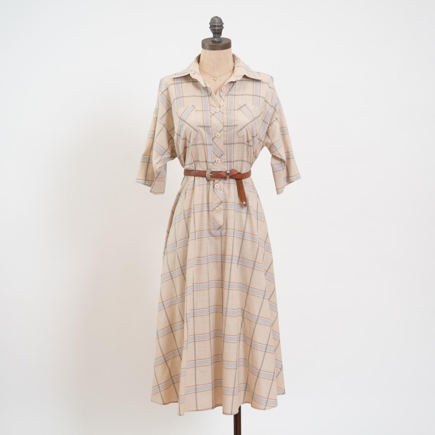 Vintage 70s Beige Plaid Midi Shirtdress - Large | Lightweight Button Up Collared Short Sleeve Dress