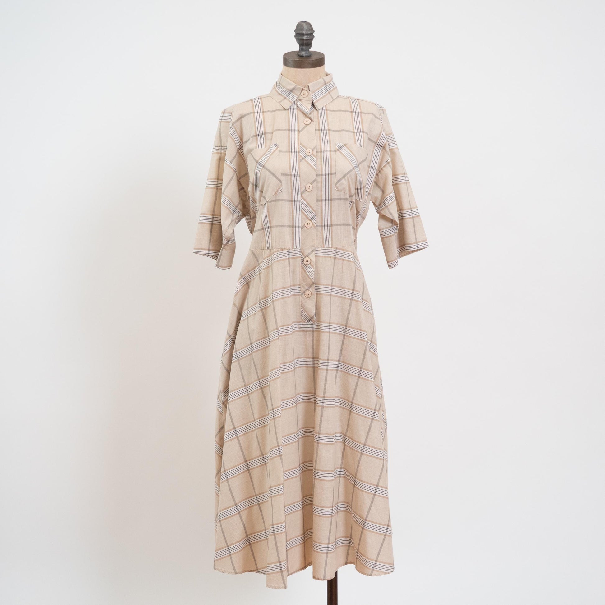 Vintage 70s Beige Plaid Midi Shirtdress - Large | Lightweight Button Up Collared Short Sleeve Dress