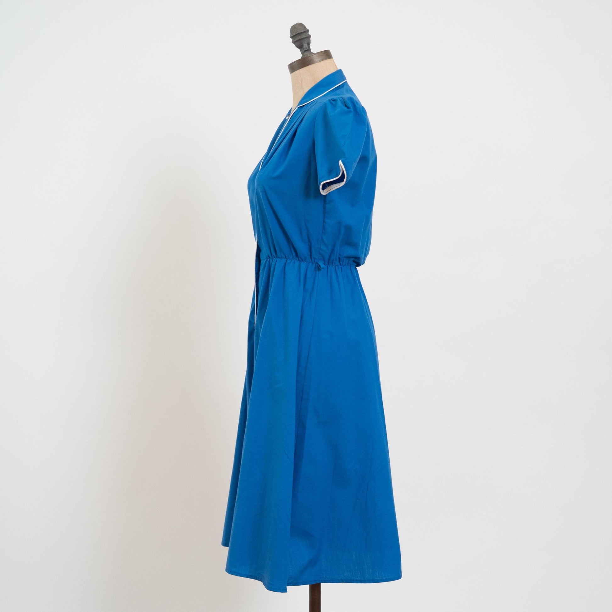 Vintage 70s 80s Retro Blue Puff Sleeve Midi Shirtdress - Extra Small | Lightweight Button Up Collared Short Sleeve Dress