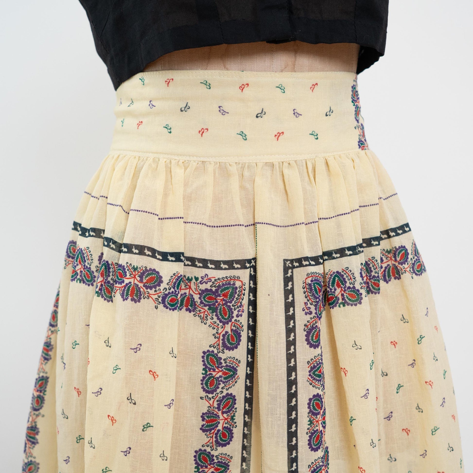 Vintage 70s Sheer Yellow Bandana Print Butter Yellow Midi Skirt - Medium, 28" Waist | Boho High Waisted A-Line Skirt