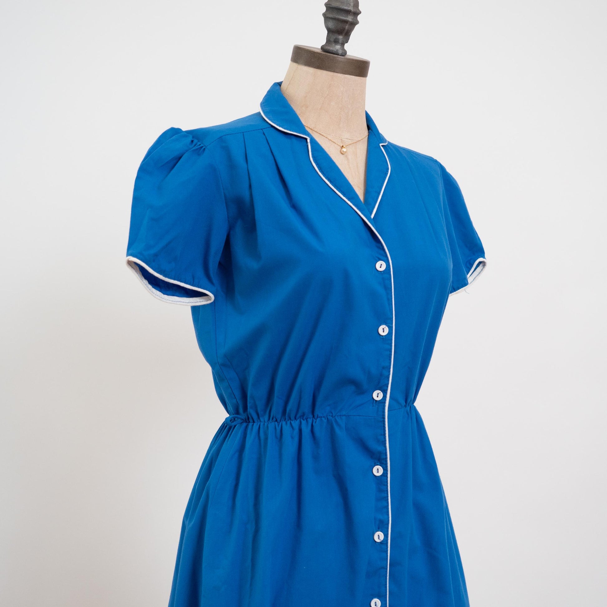 Vintage 70s 80s Retro Blue Puff Sleeve Midi Shirtdress - Extra Small | Lightweight Button Up Collared Short Sleeve Dress