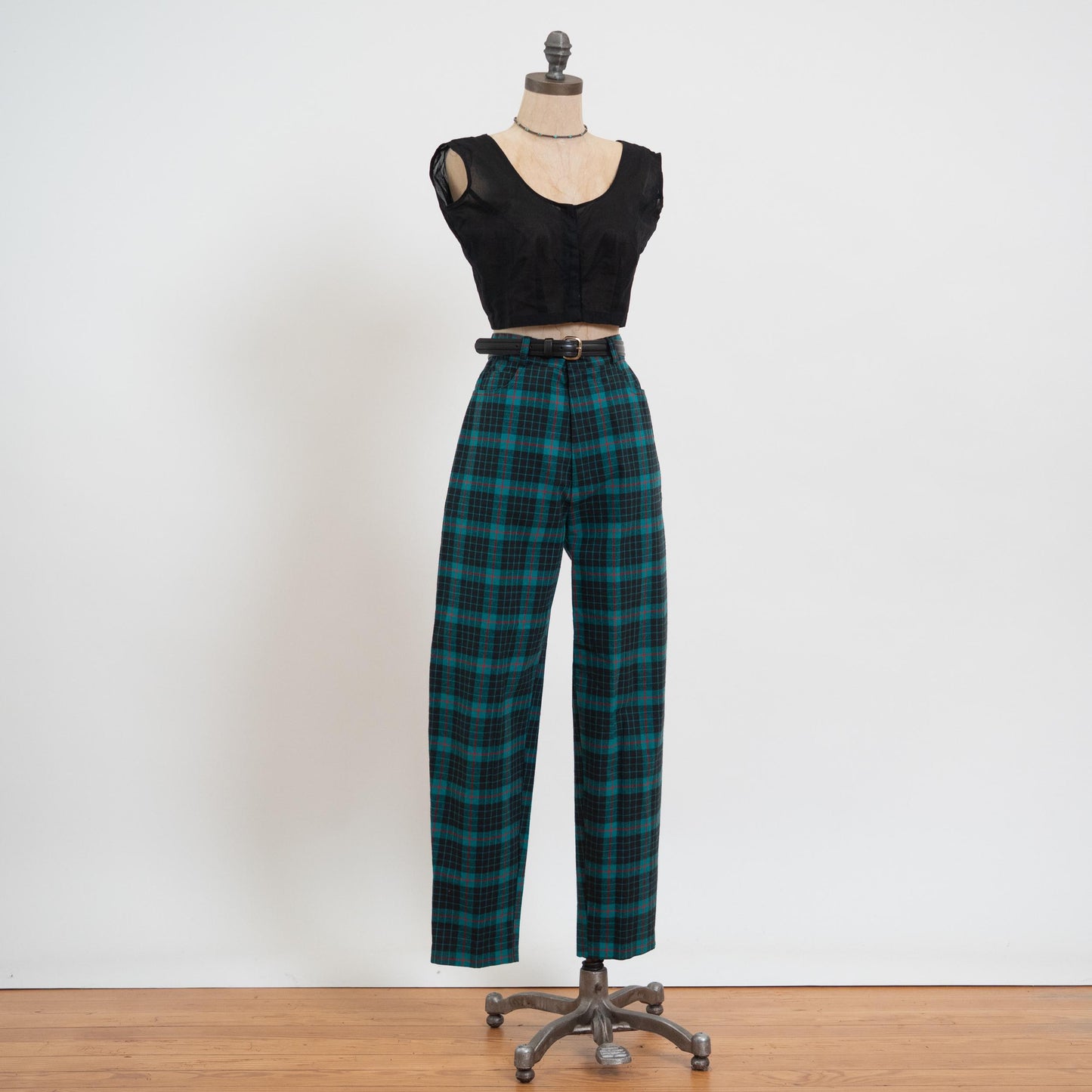 Vintage 80s Turquoise & Black Plaid Trousers - Small, 27" Waist