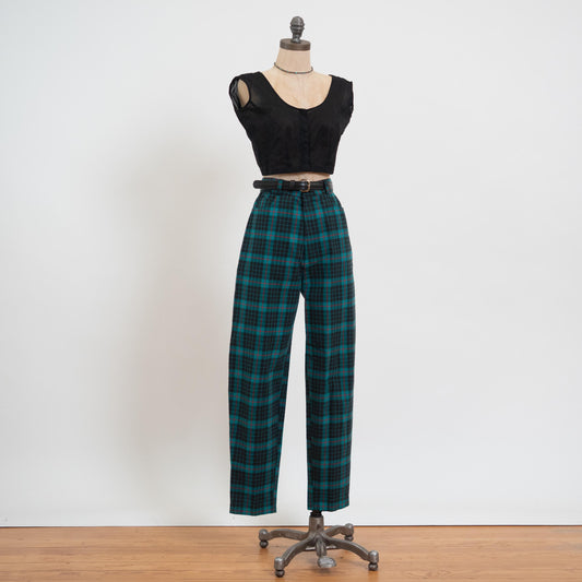 Vintage 80s Turquoise & Black Plaid Trousers - Small, 27" Waist