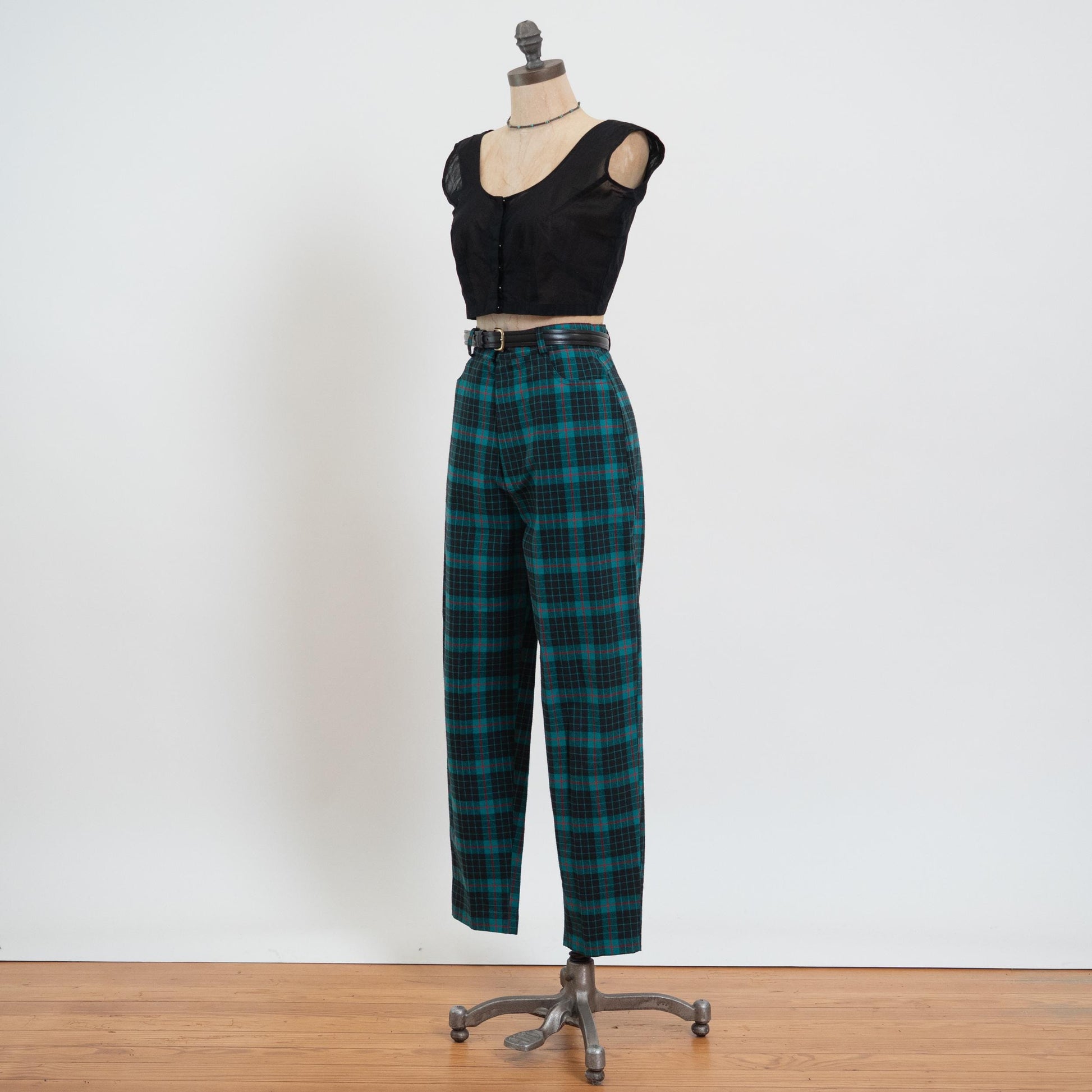 Vintage 80s Turquoise & Black Plaid Trousers - Small, 27" Waist