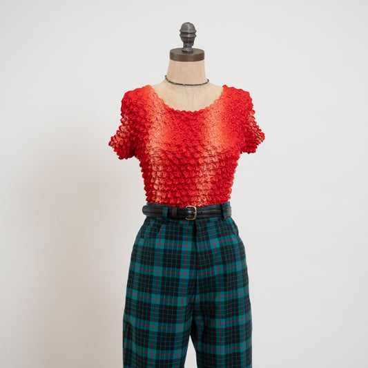 Vintage Y2K Cache Red Striped Popcorn Top - Medium | 2000s Short Sleeve Stretchy Scrunchie Bubble Shirt