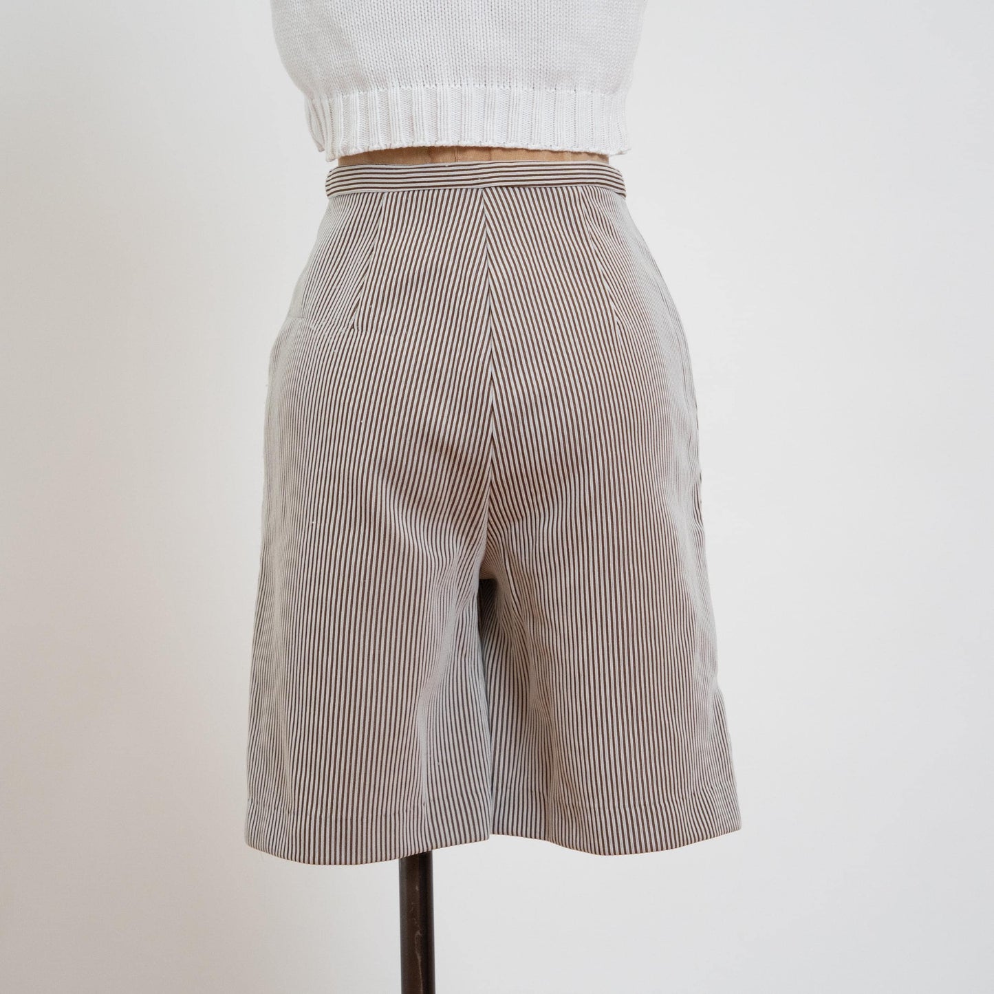 Vintage 70s Brown & White Pinstriped Mini Skort - Extra Small, 25" Waist | High Waisted A Line Wrap Skirt