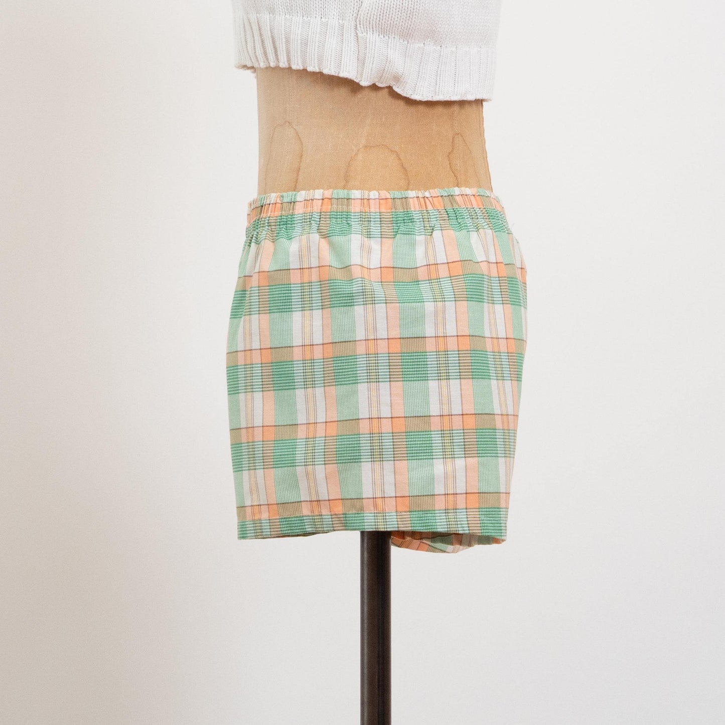 Vintage 70s Green & Orange Plaid Mini Swim Shorts - Small | Elastic Waist Mid Rise Swimwear