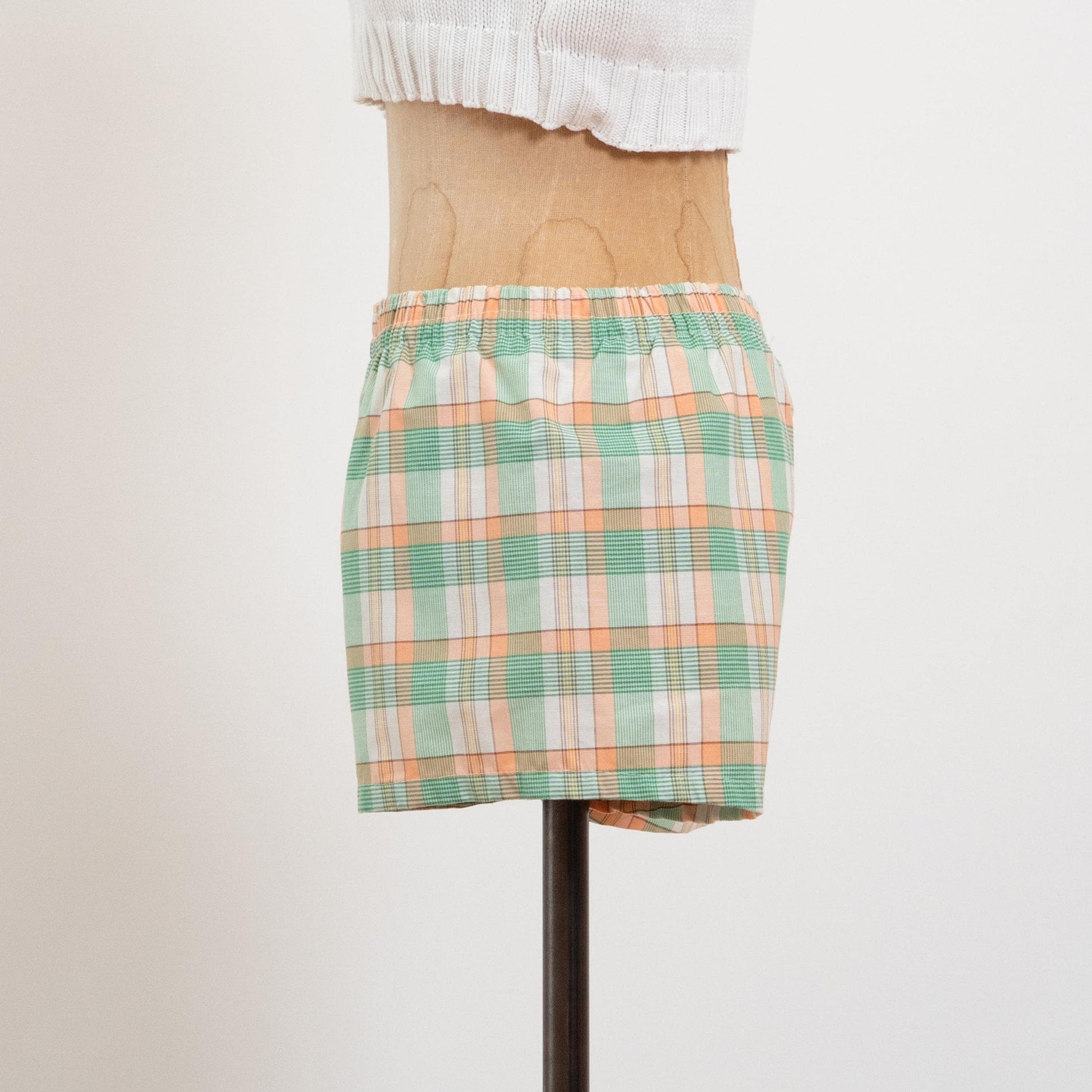Vintage 70s Green & Orange Plaid Mini Swim Shorts - Small | Elastic Waist Mid Rise Swimwear