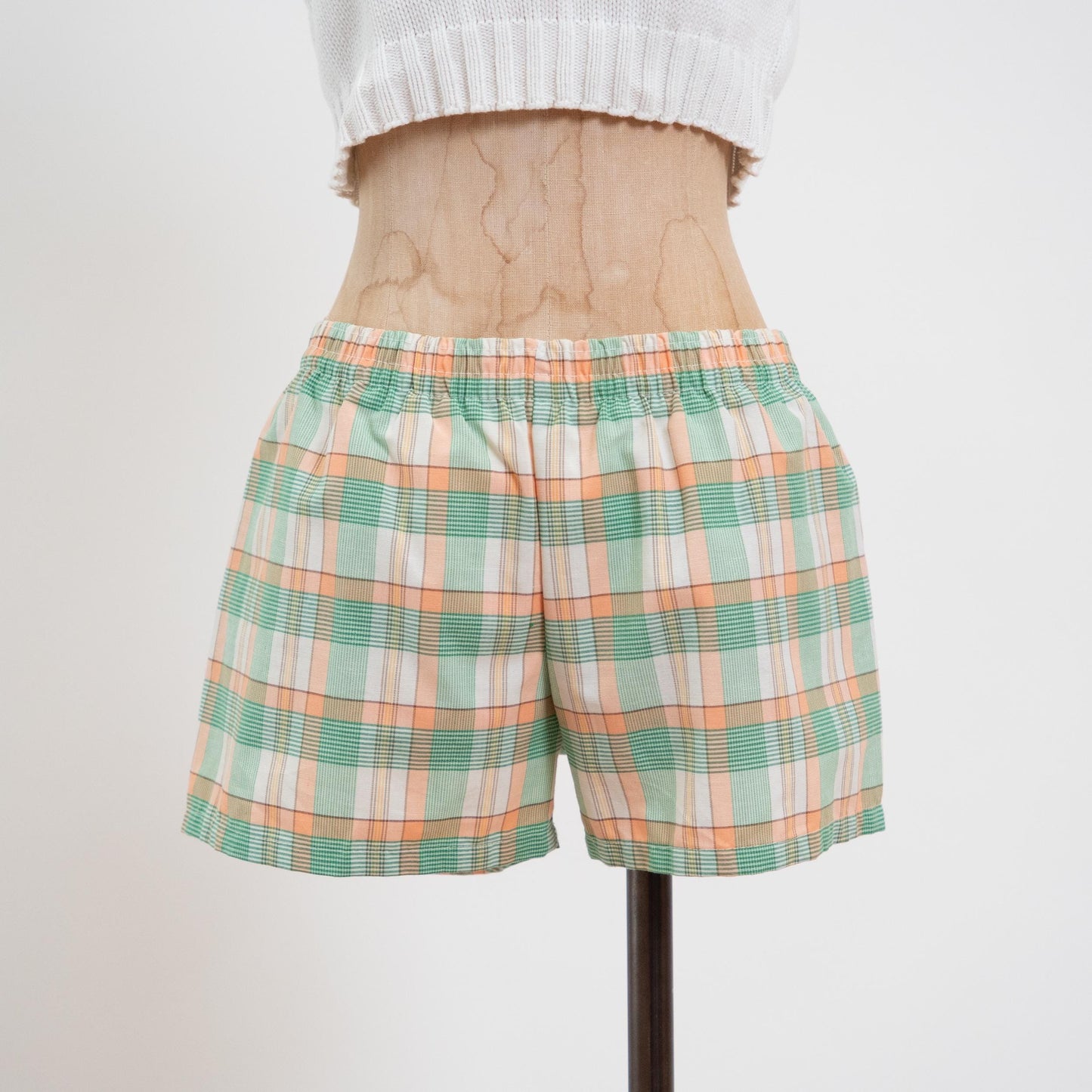 Vintage 70s Green & Orange Plaid Mini Swim Shorts - Small | Elastic Waist Mid Rise Swimwear