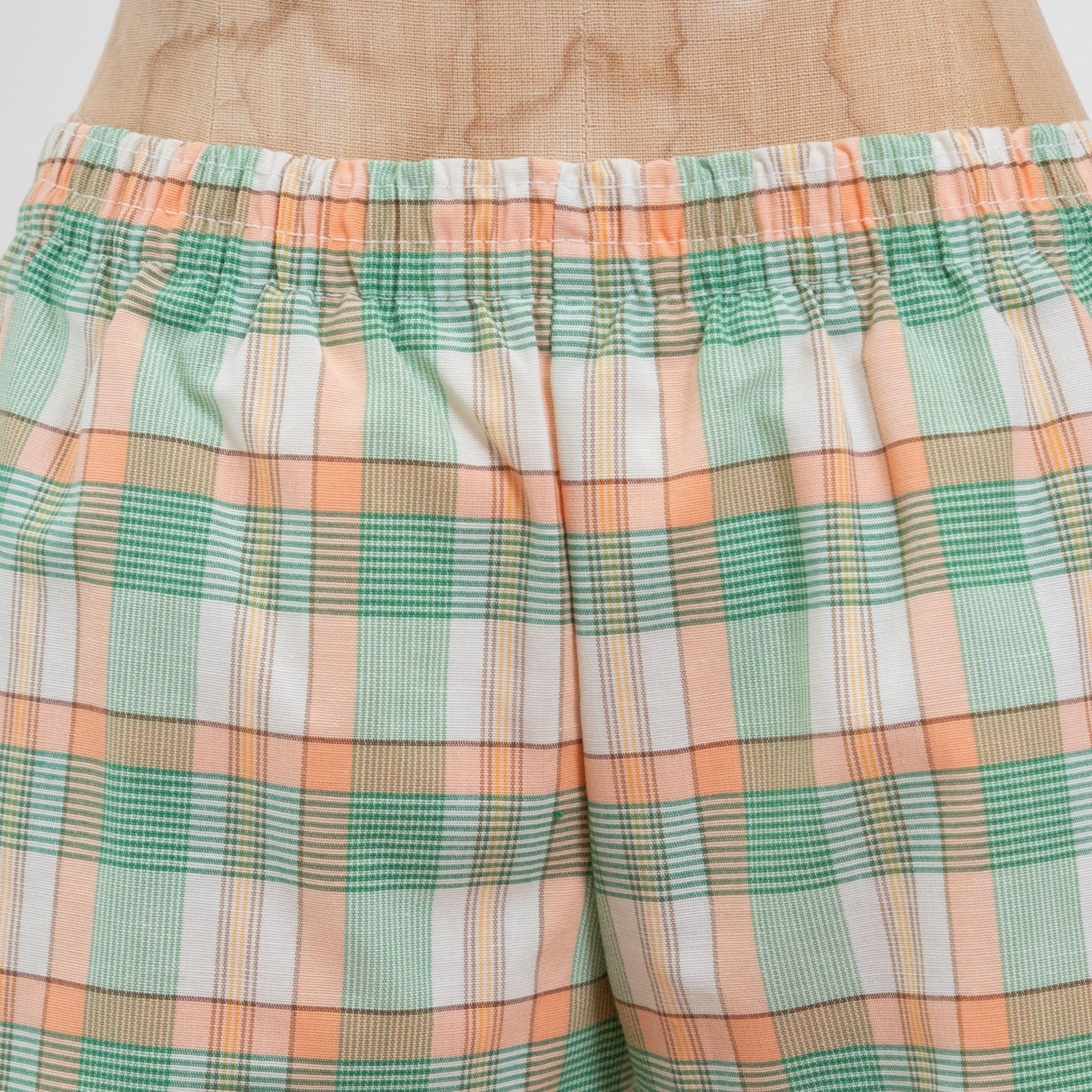 Vintage 70s Green & Orange Plaid Mini Swim Shorts - Small | Elastic Waist Mid Rise Swimwear