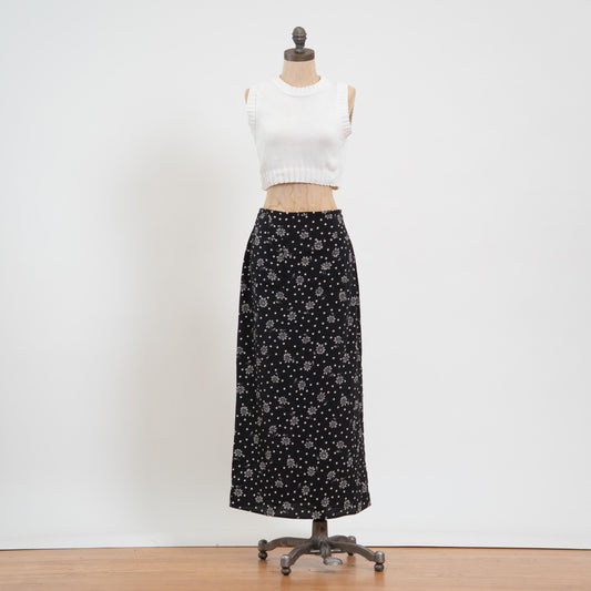 Vintage 90s Black Daisy Floral & Polka Dot Maxi Skirt - Medium, 28" Waist | Lightweight High Waisted Boho Grunge Skirt