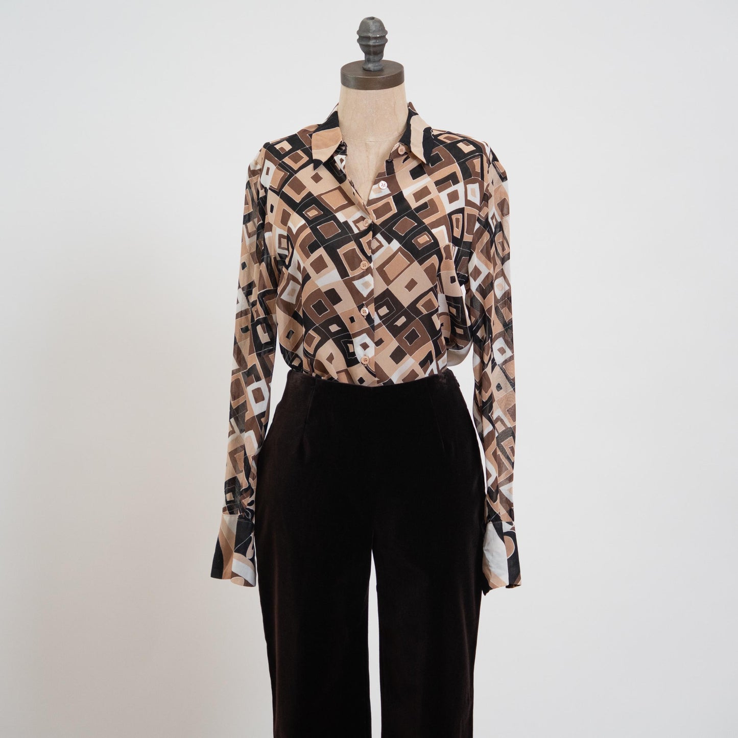 Vintage Y2K Mosaic Button Up Cufflink Blouse - Small | Mod Geometric Long Sleeve Top