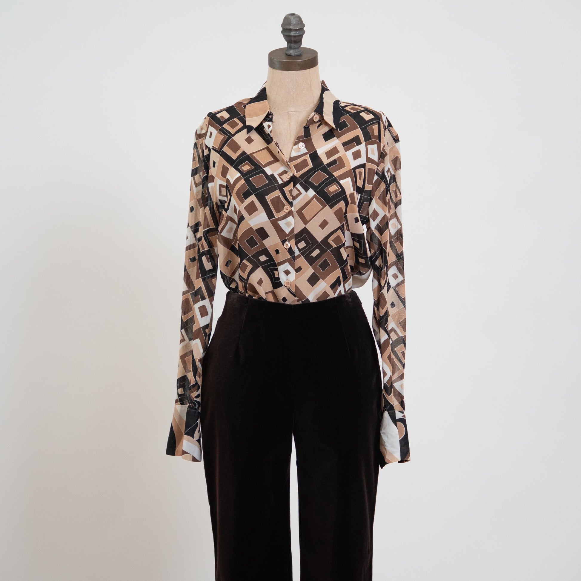 Vintage Y2K Mosaic Button Up Cufflink Blouse - Small | Mod Geometric Long Sleeve Top