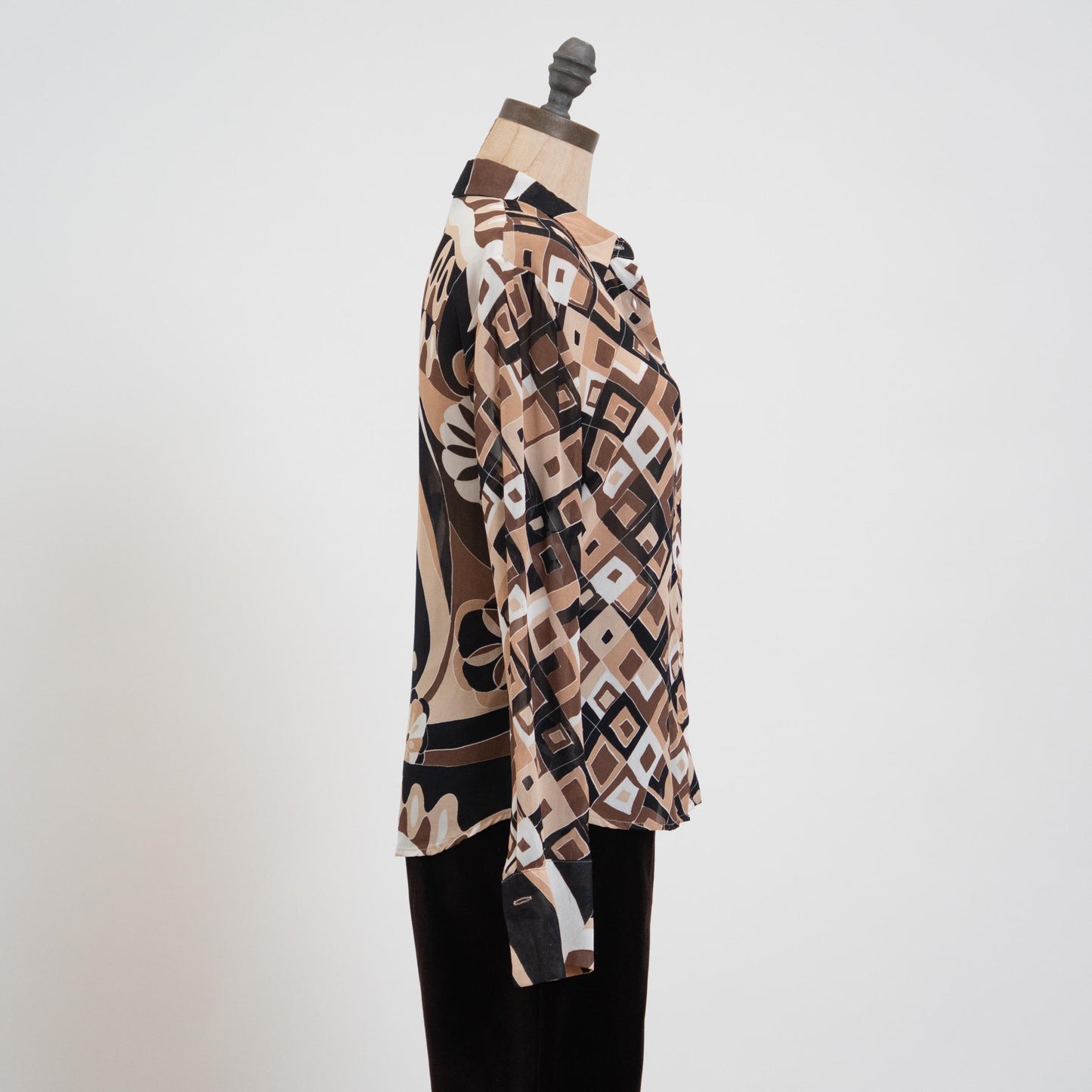 Vintage Y2K Mosaic Button Up Cufflink Blouse - Small | Mod Geometric Long Sleeve Top