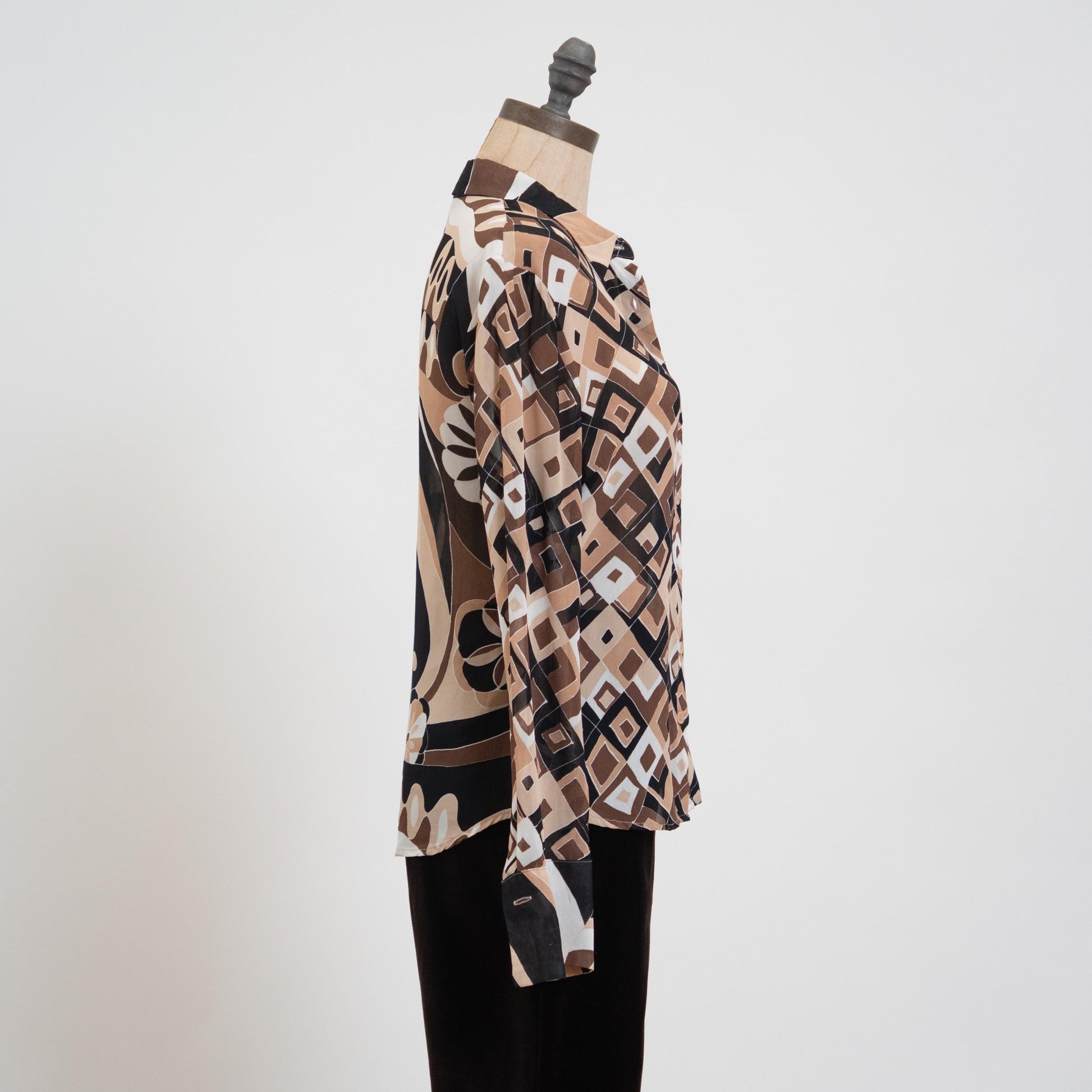 Vintage Y2K Mosaic Button Up Cufflink Blouse - Small | Mod Geometric Long Sleeve Top