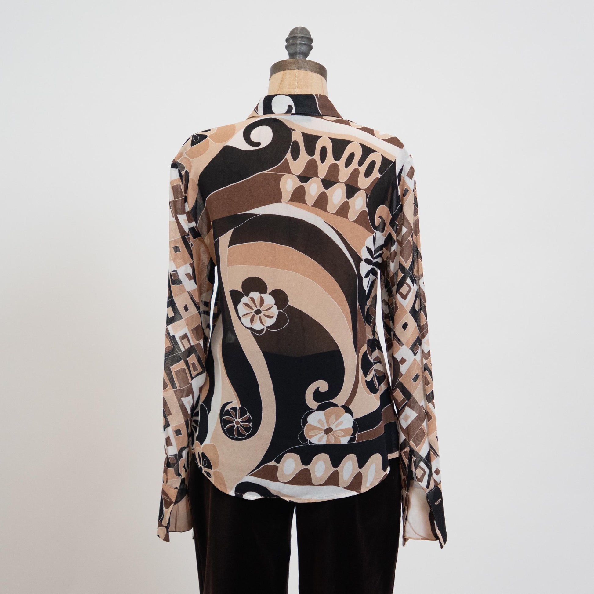 Vintage Y2K Mosaic Button Up Cufflink Blouse - Small | Mod Geometric Long Sleeve Top