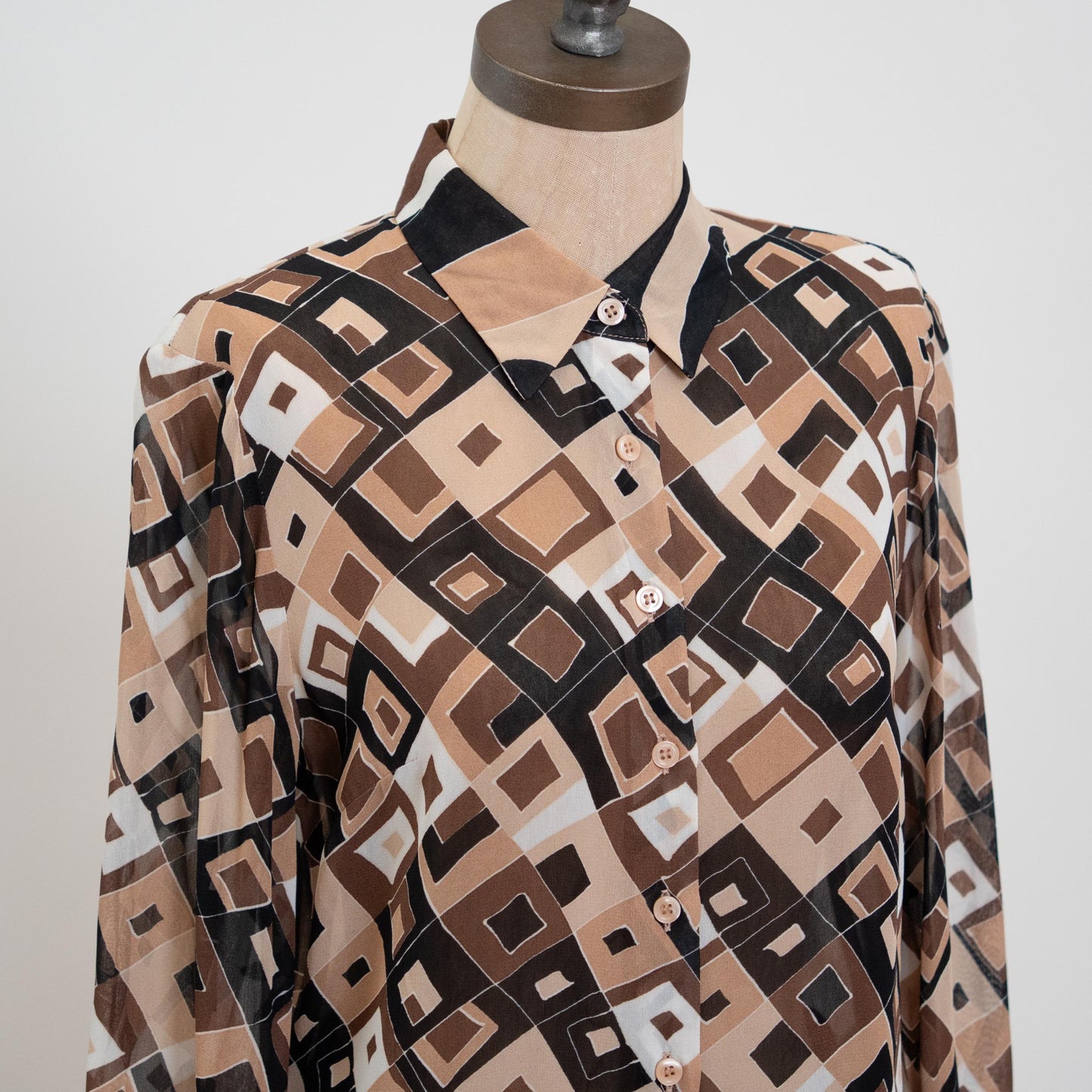 Vintage Y2K Mosaic Button Up Cufflink Blouse - Small | Mod Geometric Long Sleeve Top