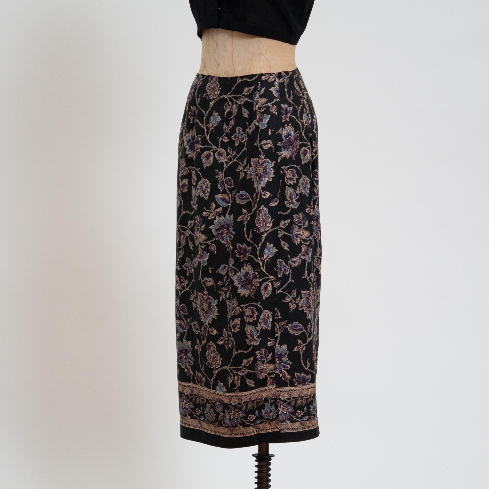 Vintage 90s Black Floral Vine Print Midi Wrap Skirt - Extra Small | Boho High Waisted Long Pencil Skirt