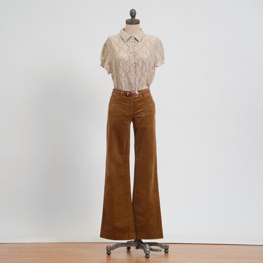 Vintage Y2K Caramel Brown Corduroy Low Rise Flare Pants - Extra Small, Size 2 | Bootcut Stretch Trousers, 70s Style Retro Flared Pants