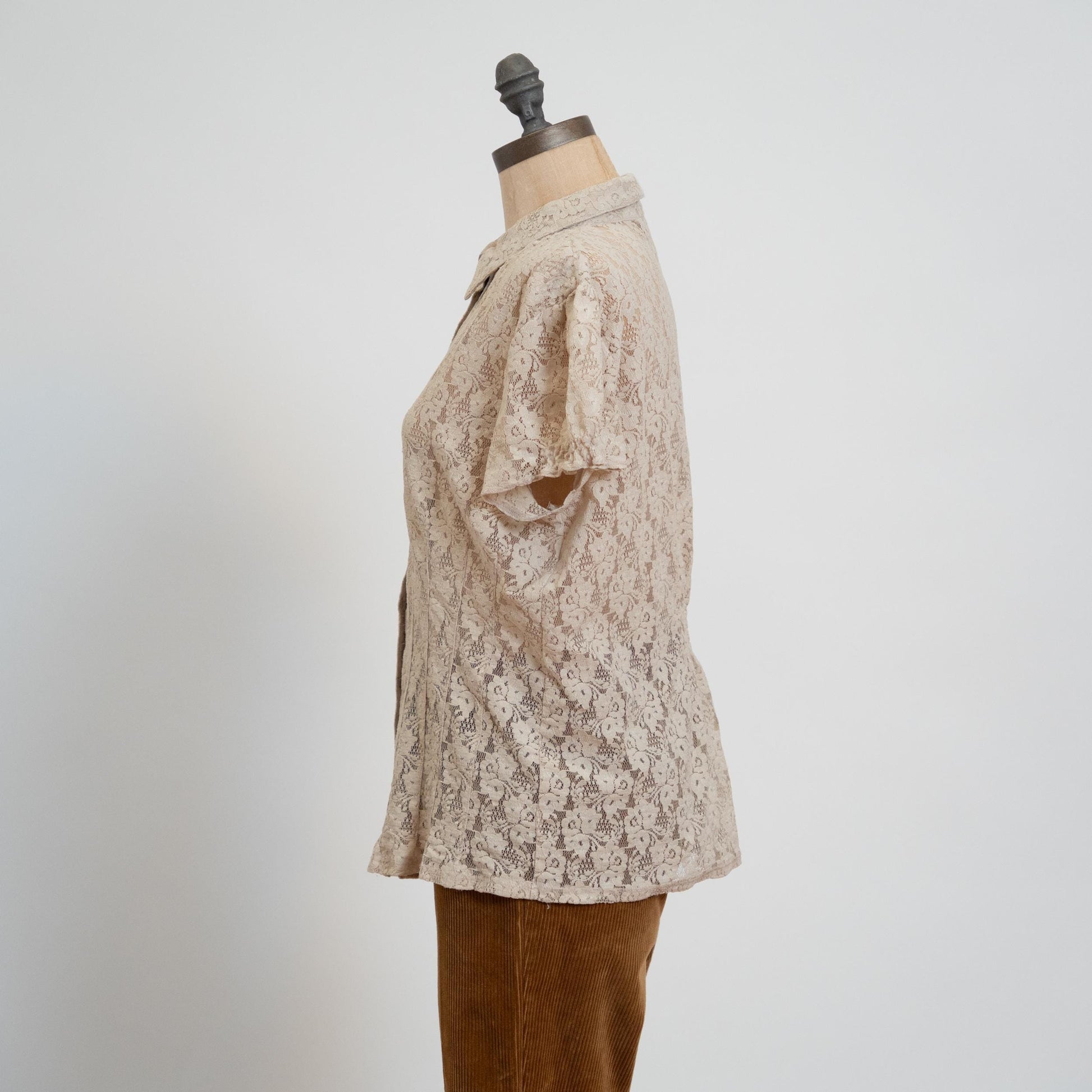 Vintage Y2K Sheer Ecru Lace Blouse - Extra Large | Boho Button Up Short Sleeve Shirt
