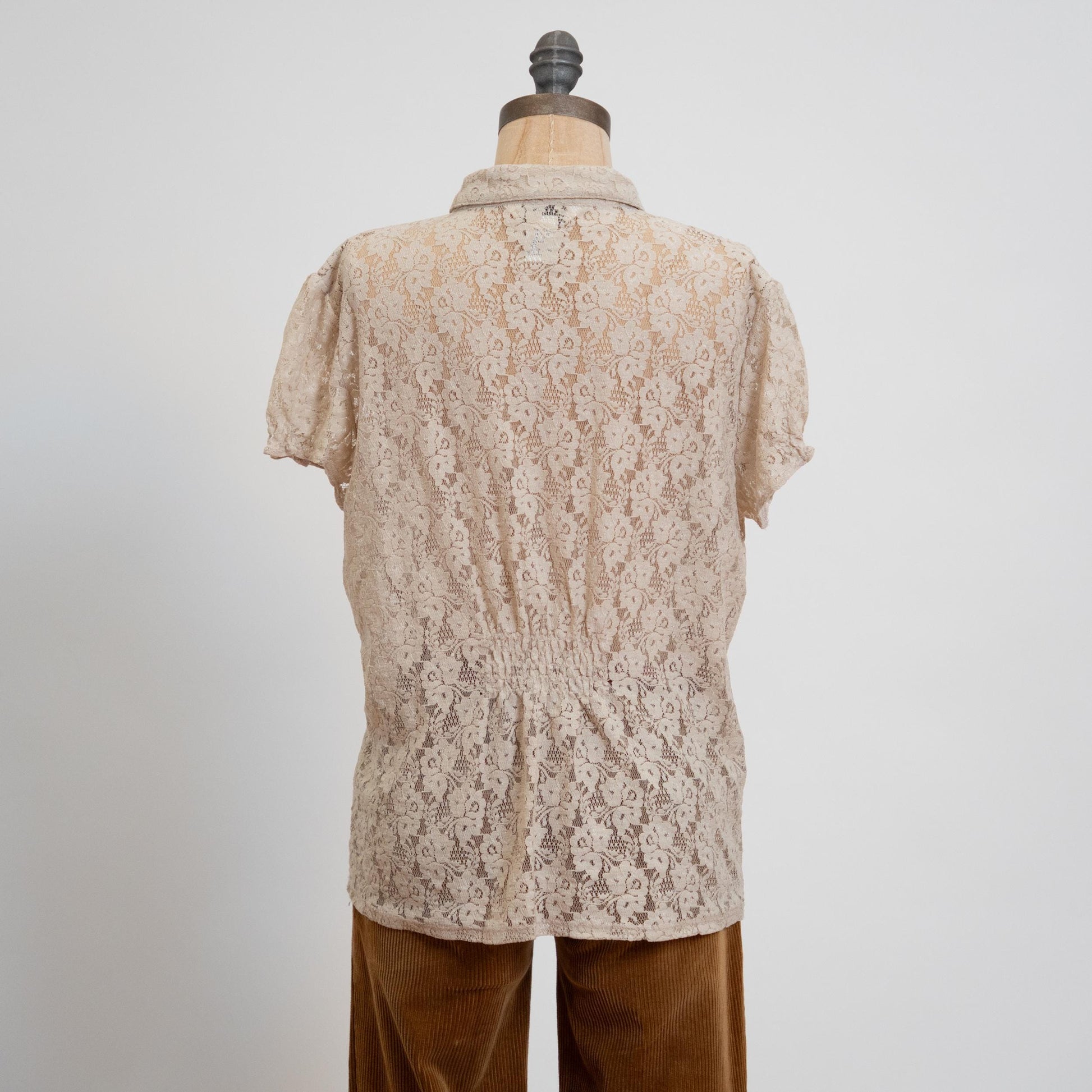 Vintage Y2K Sheer Ecru Lace Blouse - Extra Large | Boho Button Up Short Sleeve Shirt