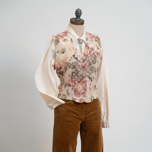 Vintage 80s Floral Tapestry Vest - Small to Large | Oversized Button Up V Neck Sleeveless Top