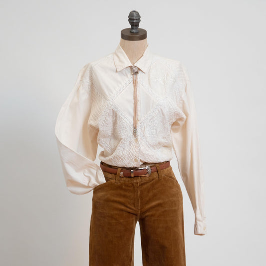 Vintage 80s Boho White Cotton Patchwork Shirt - Medium | Long Sleeve Button Up Collared Blouse
