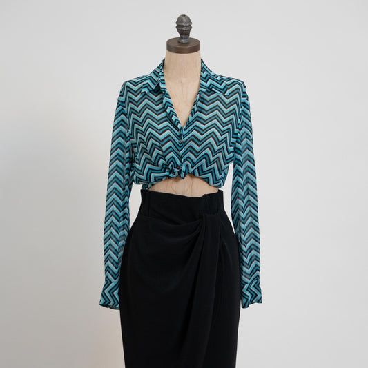 Vintage 90s Silk Chevron Striped Blouse - Medium, Size 8 | Blue Black Long Sleeve Collared Button Up Top