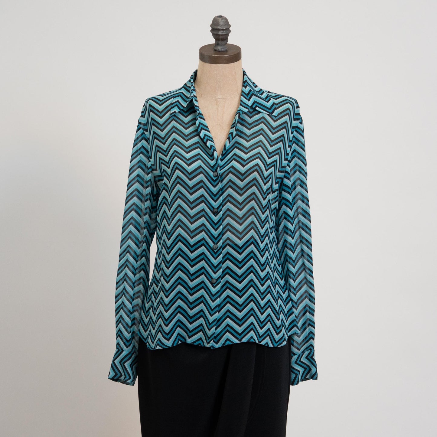 Vintage 90s Silk Chevron Striped Blouse - Medium, Size 8 | Blue Black Long Sleeve Collared Button Up Top