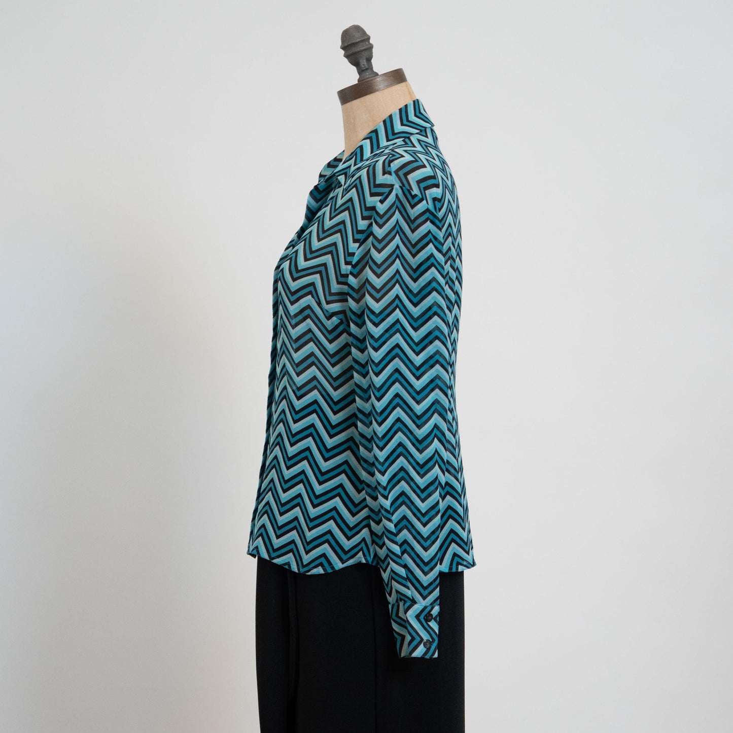 Vintage 90s Silk Chevron Striped Blouse - Medium, Size 8 | Blue Black Long Sleeve Collared Button Up Top