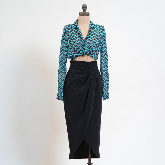 Vintage 90s Black Midi Wrap Pencil Skirt - Small | Minimalist High Waisted Sheath Skirt