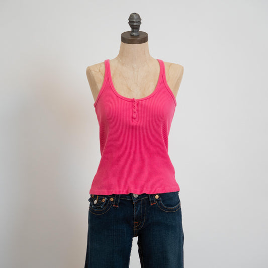 Vintage 90s Hot Pink Ribbed Tank Top - Small Medium | Cotton Sleeveless Henley Tank